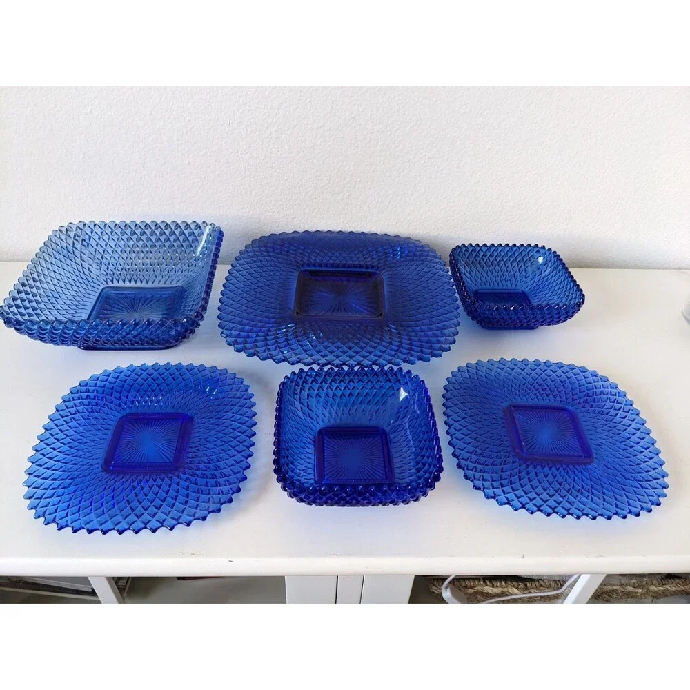 Vtg Cobalt Blue Diamond Point Hobnail Sawtooth Scallop Glass Bowl Platter Plate